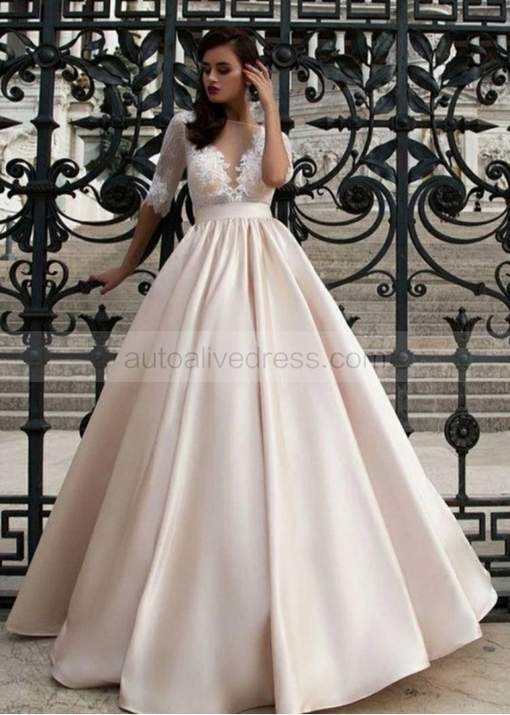 Champagne Lace Satin Wedding Dress Maternity Dress With Pockets